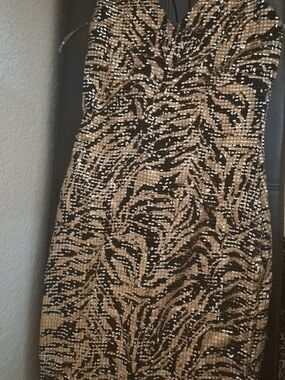 Mini Spaghetti Strap Sequin Animal Print Cocktail Dress in Gold and Black